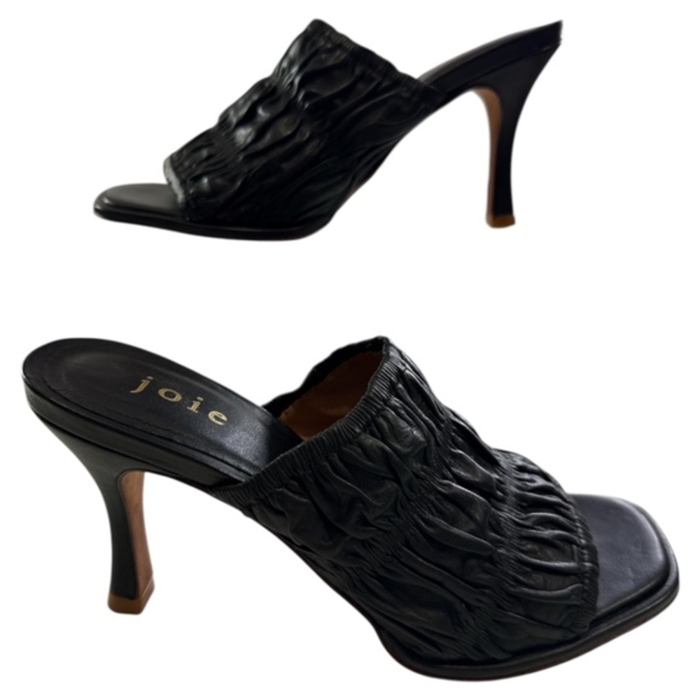 JOIE WOMEN’S LISA BLACK LEATHER HEELED MULES WOVEN TEXTURE SZ 6